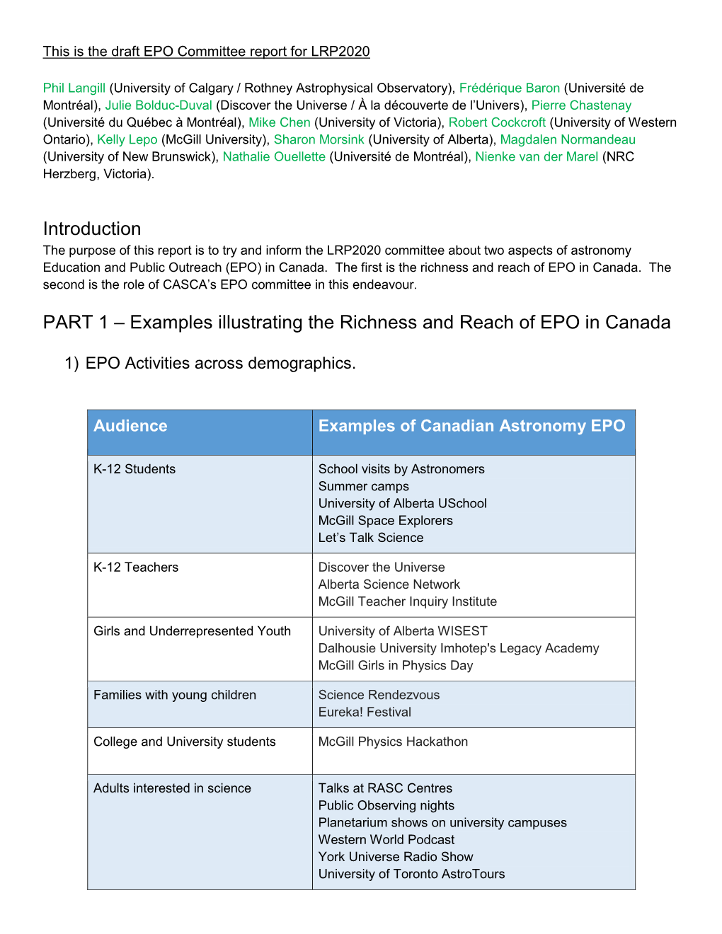 Examples Illustrating the Richness and Reach of EPO in Canada