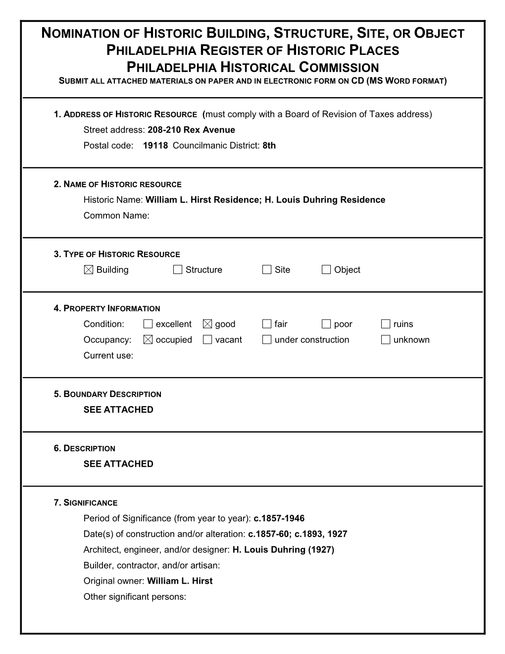 Nomination of Historic Building, Structure, Site, Or Object