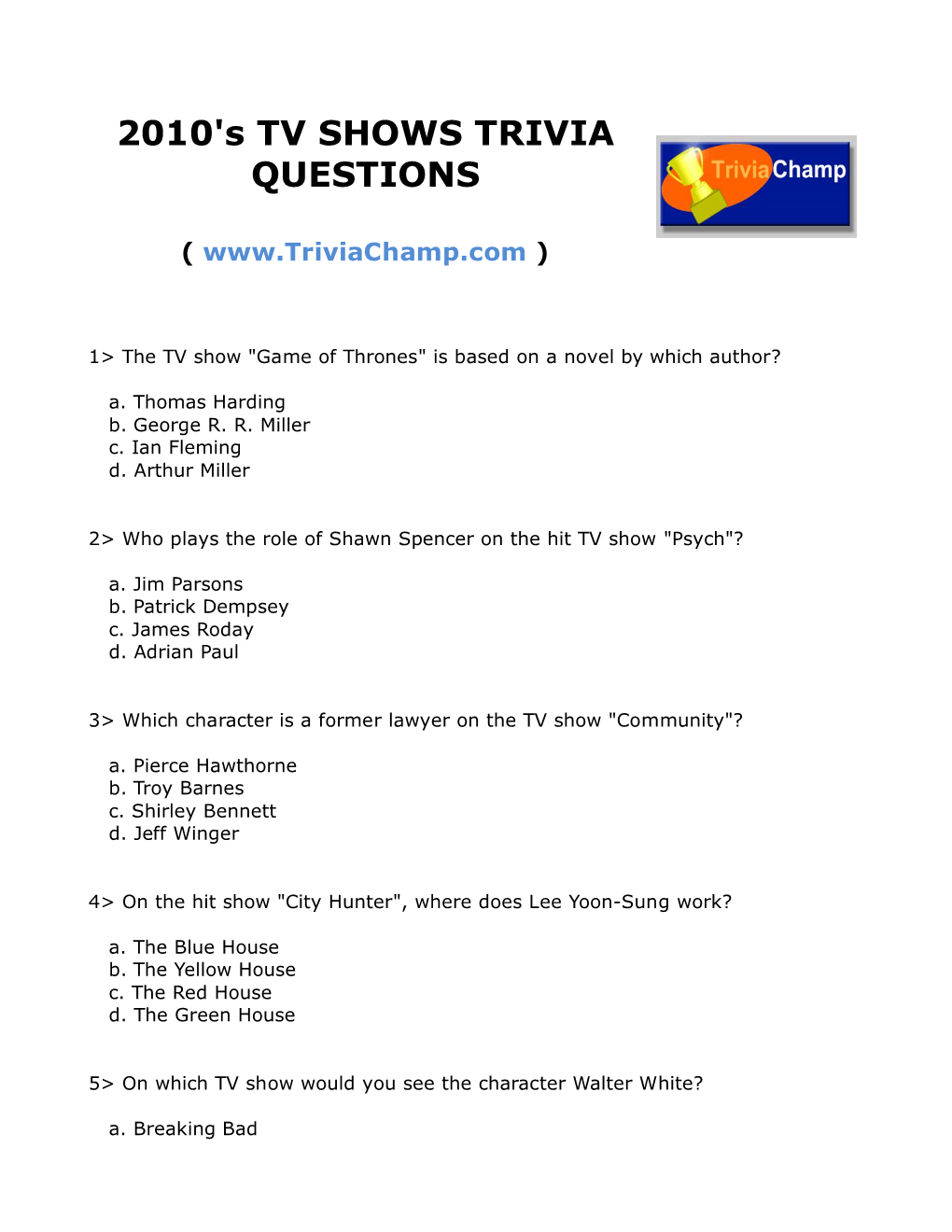 2010'S TV SHOWS TRIVIA QUESTIONS