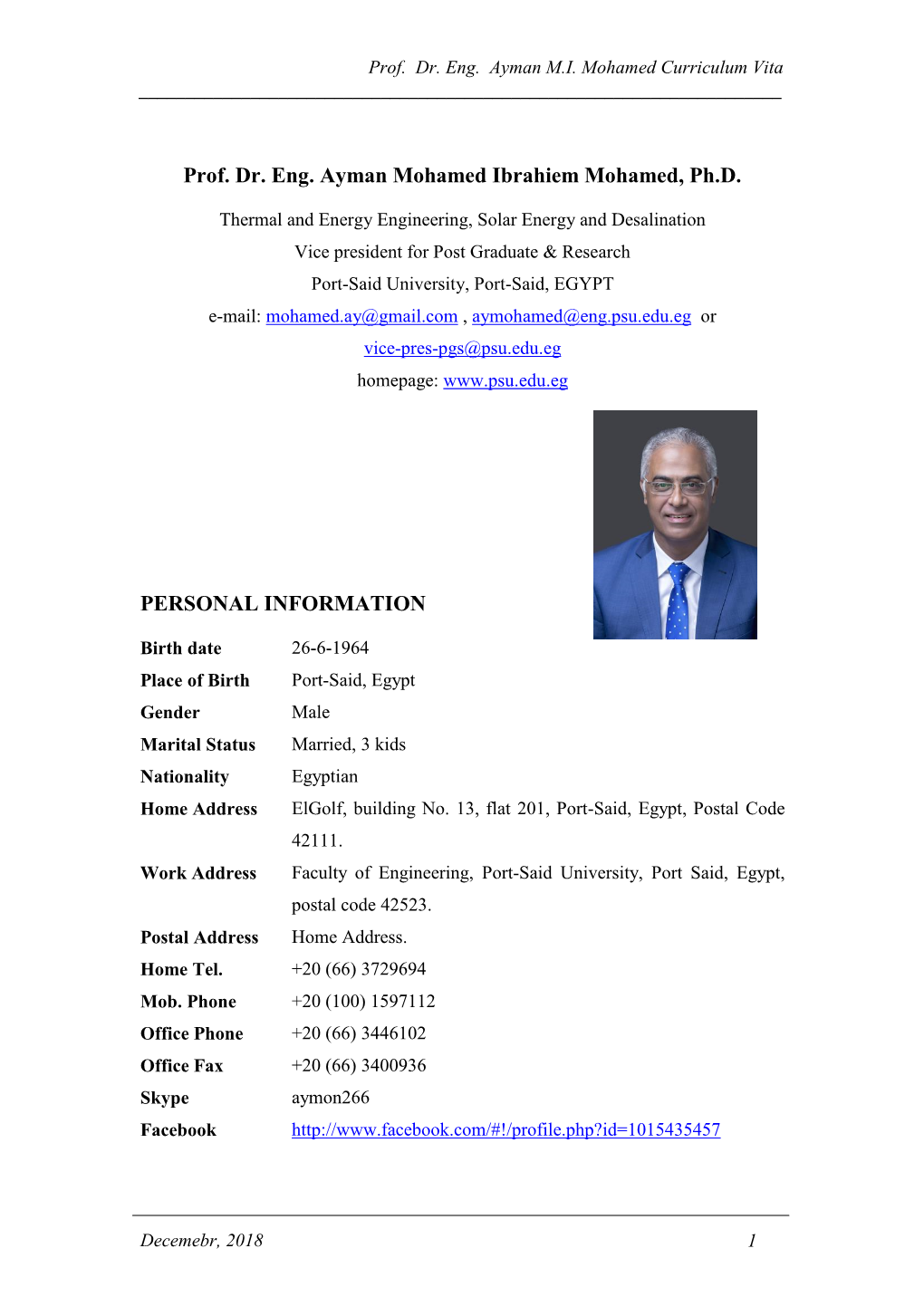 Prof. Dr. Eng. Ayman Mohamed Ibrahiem Mohamed, Ph.D. PERSONAL INFORMATION