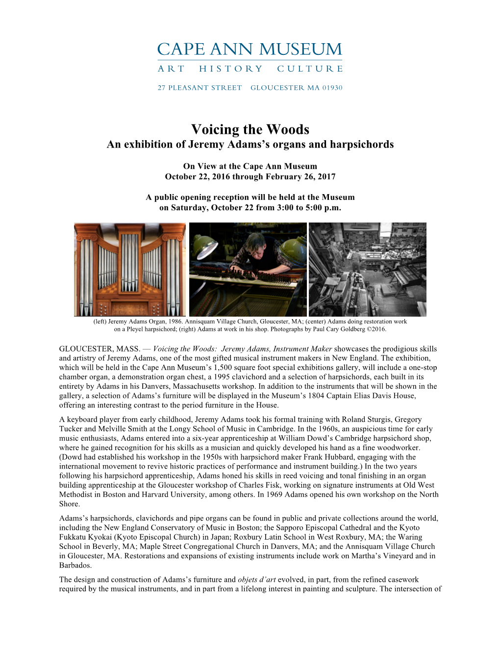 Voicing the Woods an Exhibition of Jeremy Adams’S Organs and Harpsichords