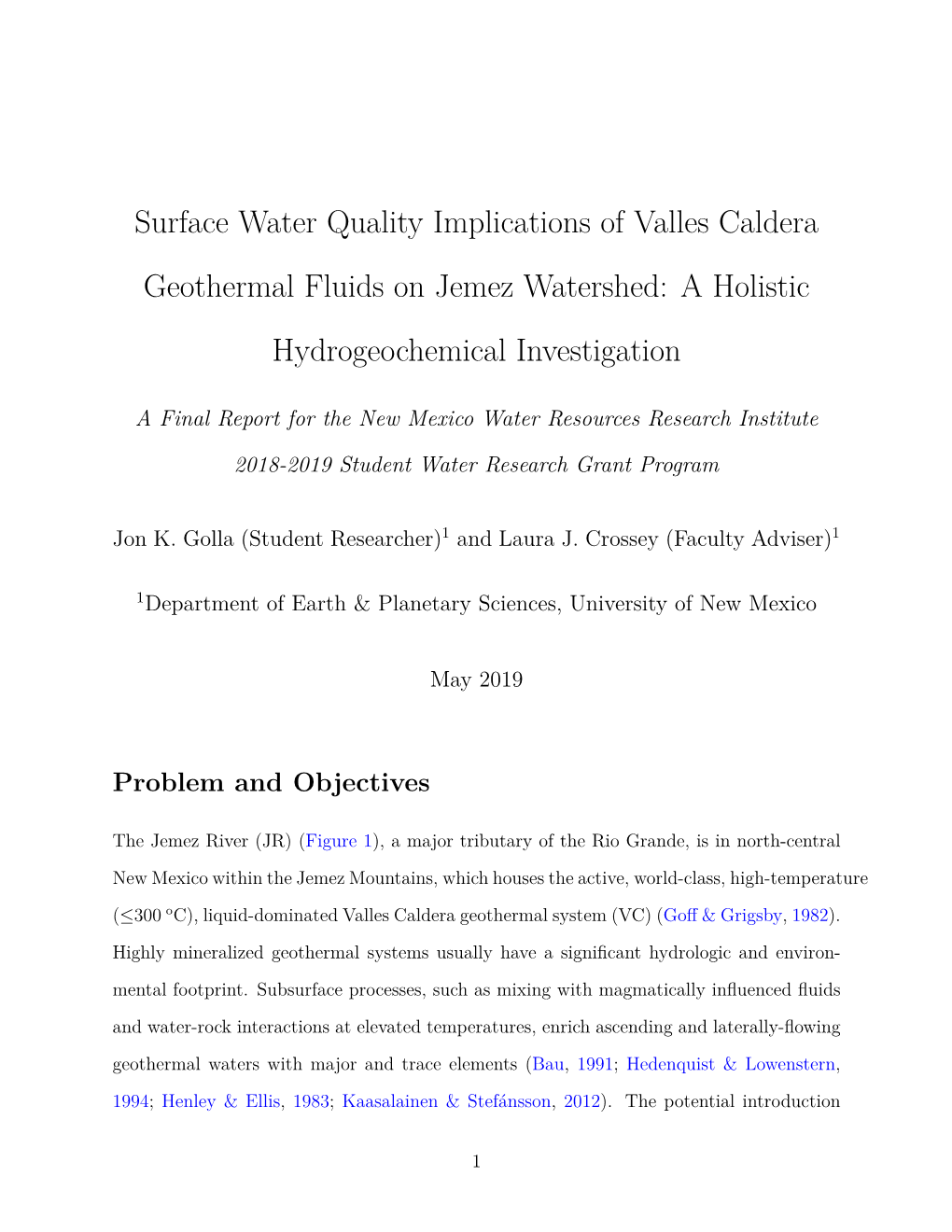 Surface Water Quality Implications of Valles Caldera Geothermal Fluids on Jemez Watershed: a Holistic Hydrogeochemical Investigation