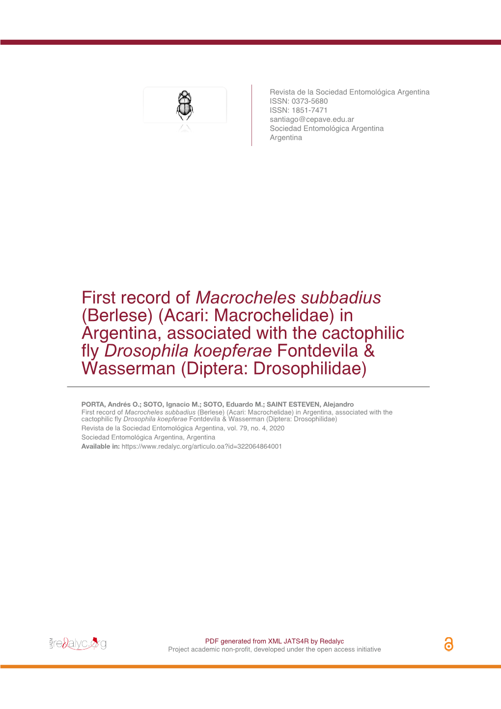 First Record of Macrocheles Subbadius (Berlese) (Acari: Macrochelidae) in Argentina, Associated with the Cactophilic Fly Drosoph