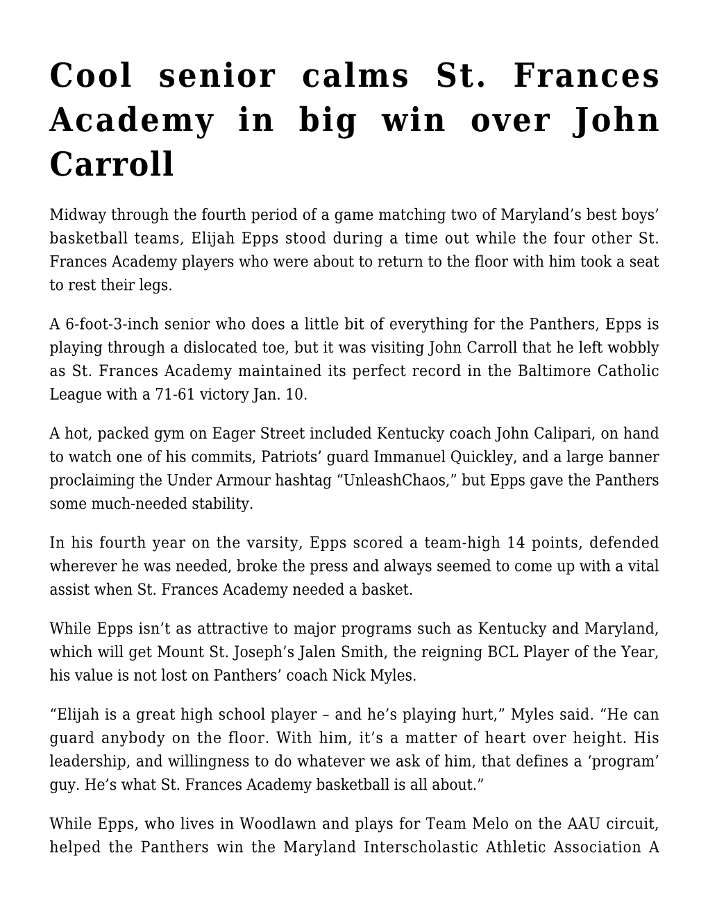 Cool Senior Calms St. Frances Academy in Big Win Over John Carroll