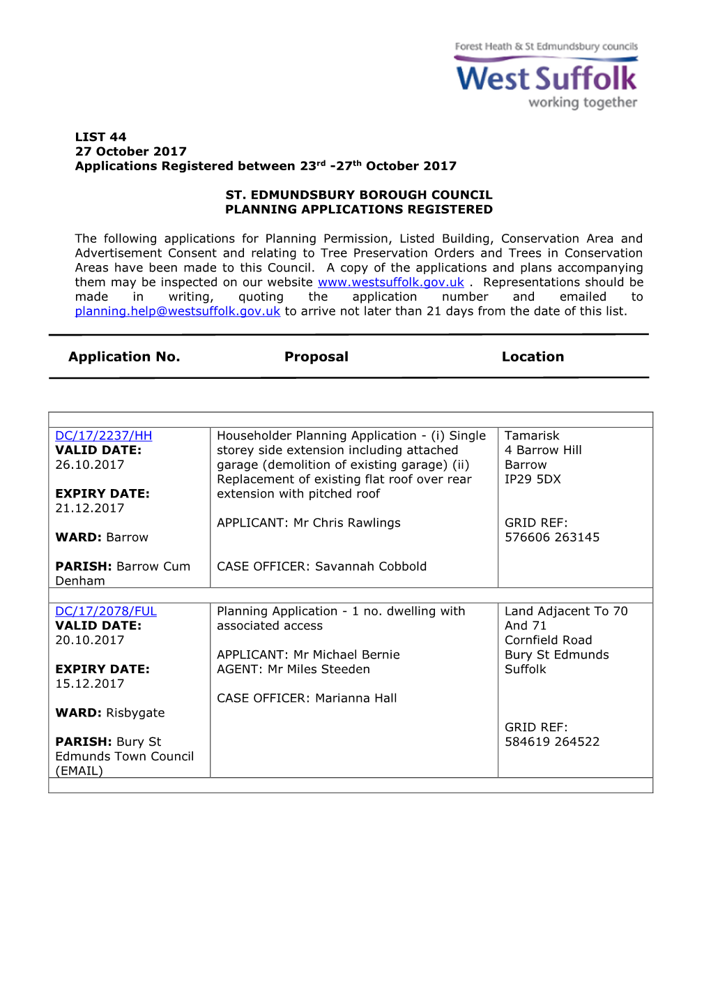 SEBC Planning Applications 44/17