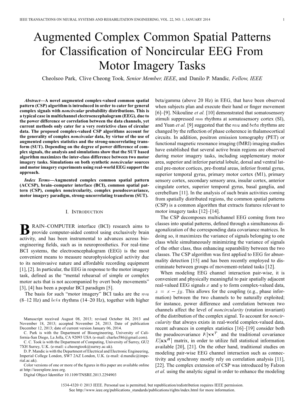 Augmented Complex Common Spatial Patterns for Classification of Noncircular Eeg from Motor Imagery Tasks 3