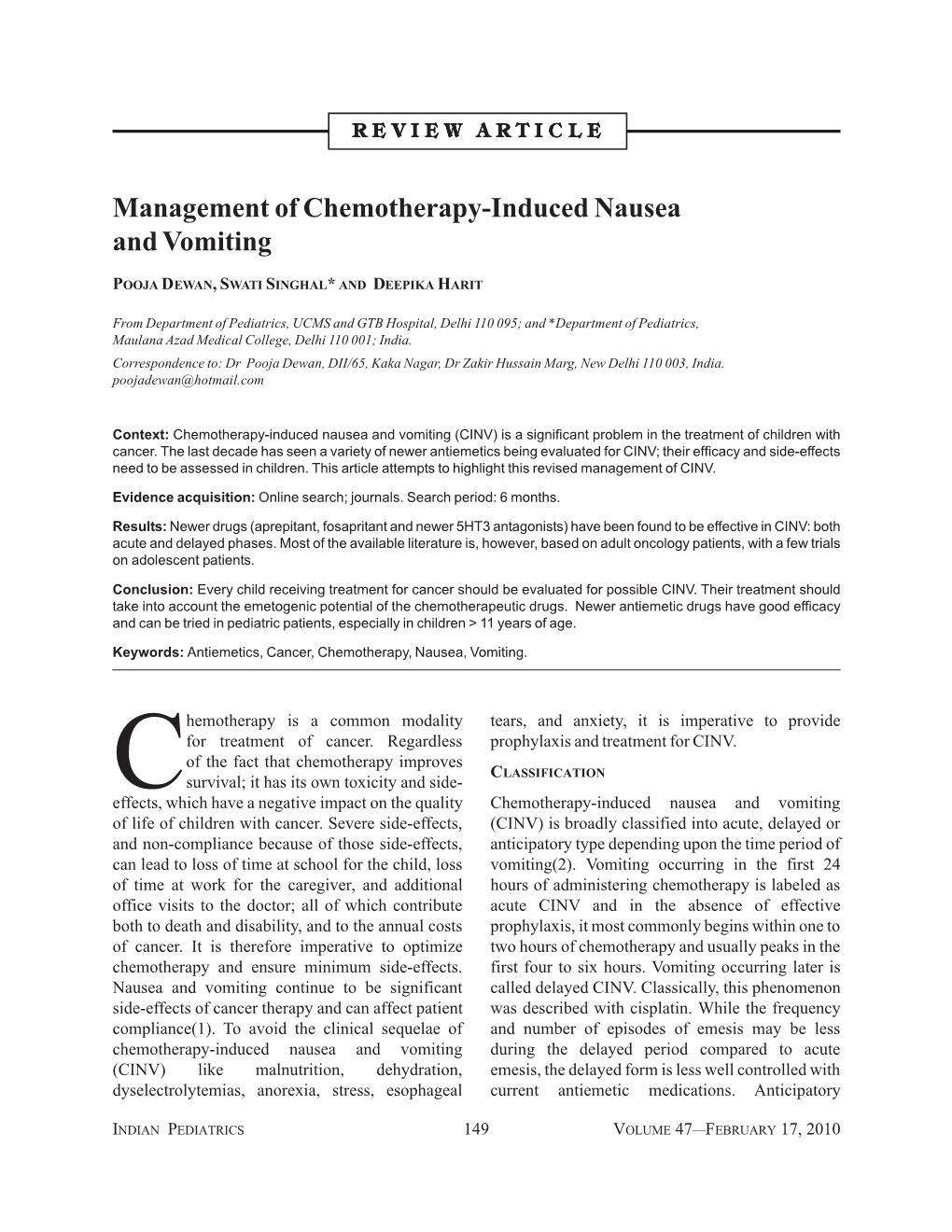 Management of Chemotherapy-Induced Nausea and Vomiting