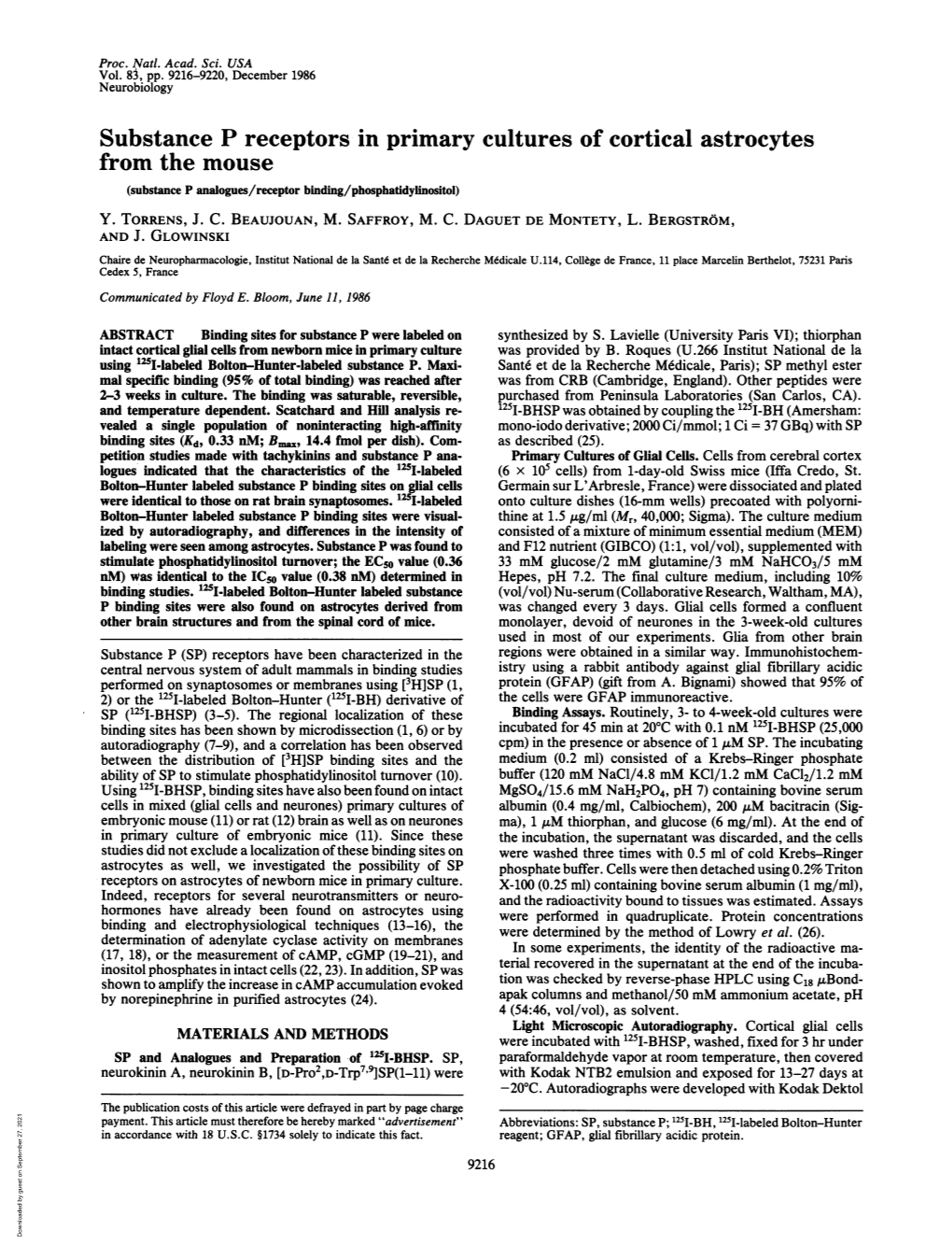 Substance P Receptors in Primary Cultures of Cortical Astrocytes from the Mouse (Substance P Analogues/Receptor Binding/Phosphatidylinositol) Y