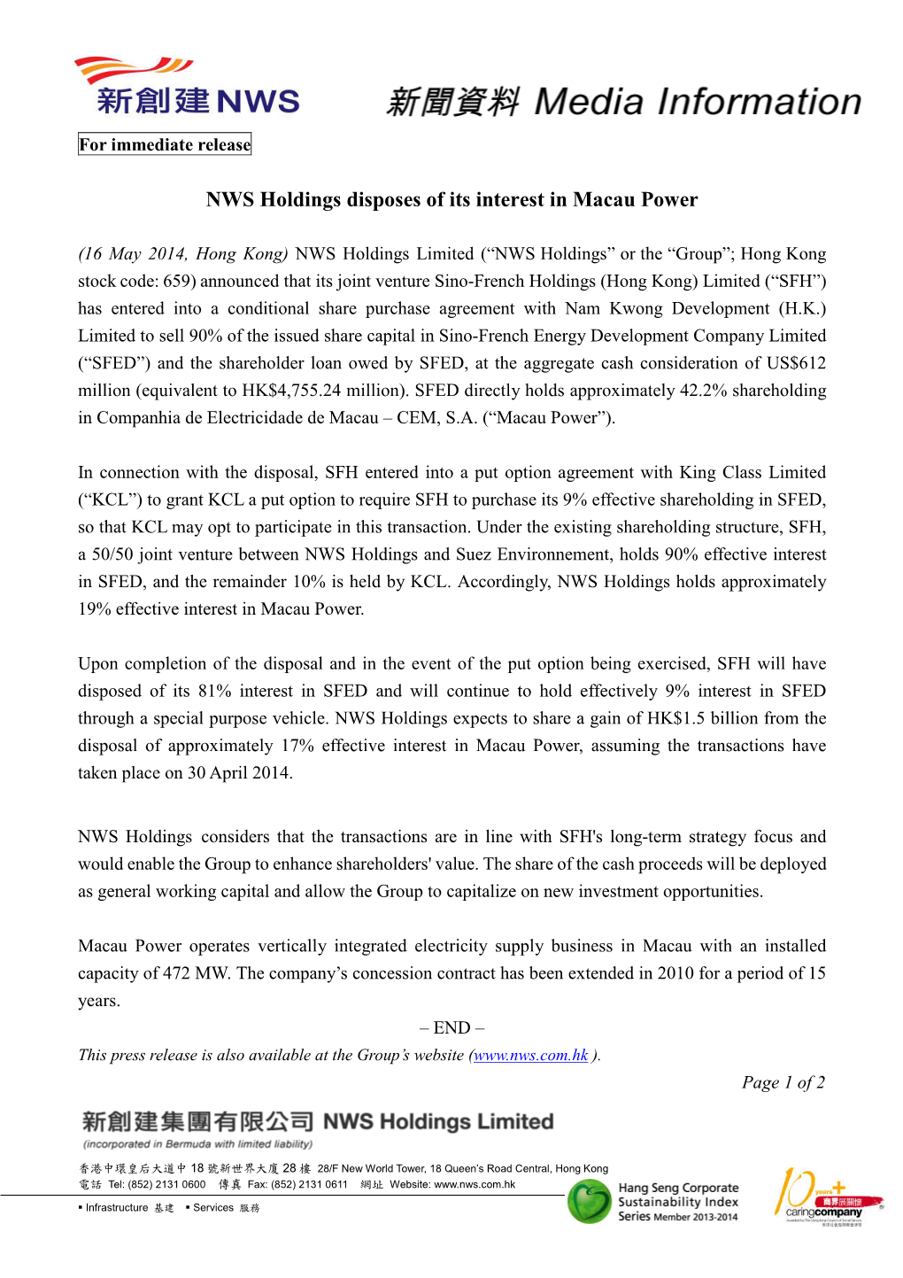 NWS Holdings Disposes of Its Interest in Macau Power