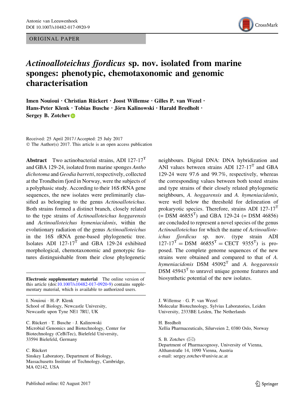 Actinoalloteichus Fjordicus Sp. Nov. Isolated from Marine Sponges: Phenotypic, Chemotaxonomic and Genomic Characterisation