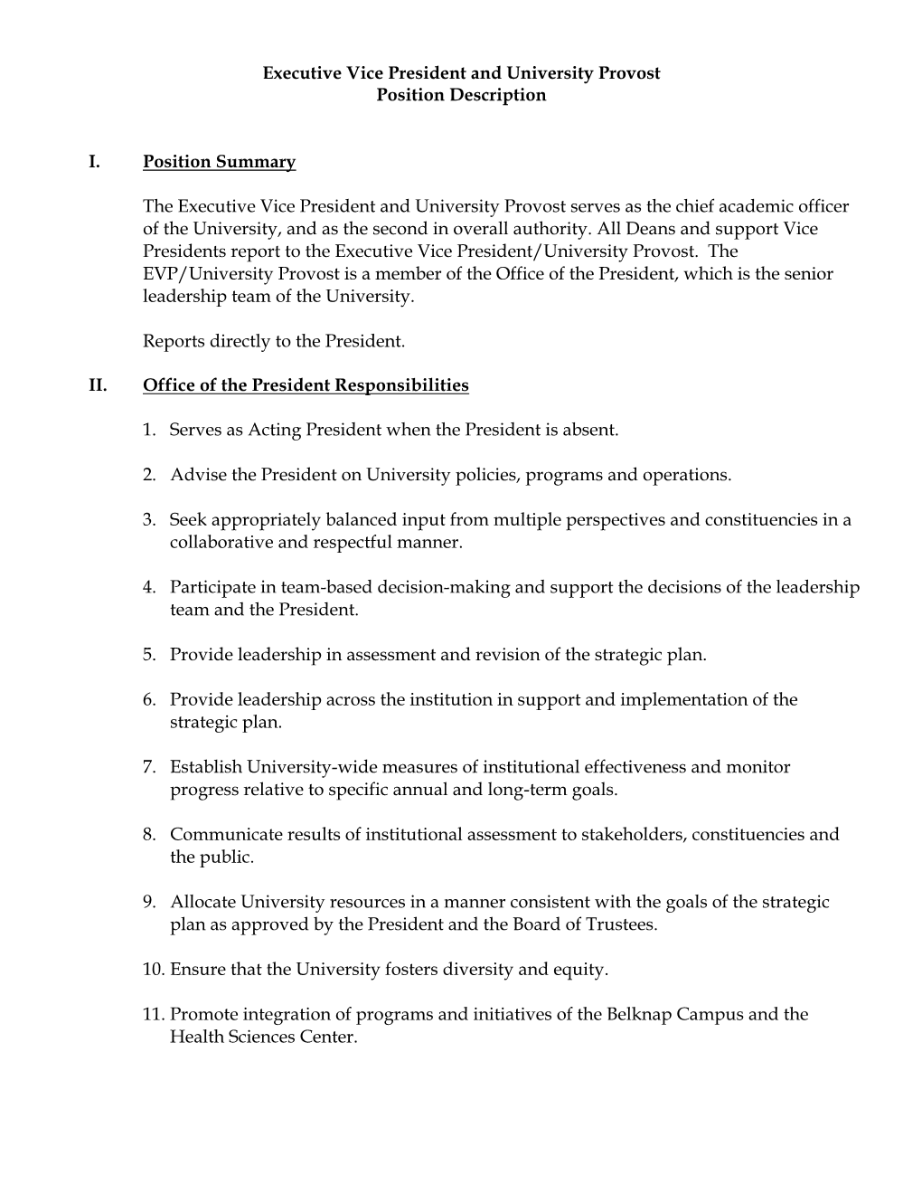 Executive Vice President and University Provost Position Description