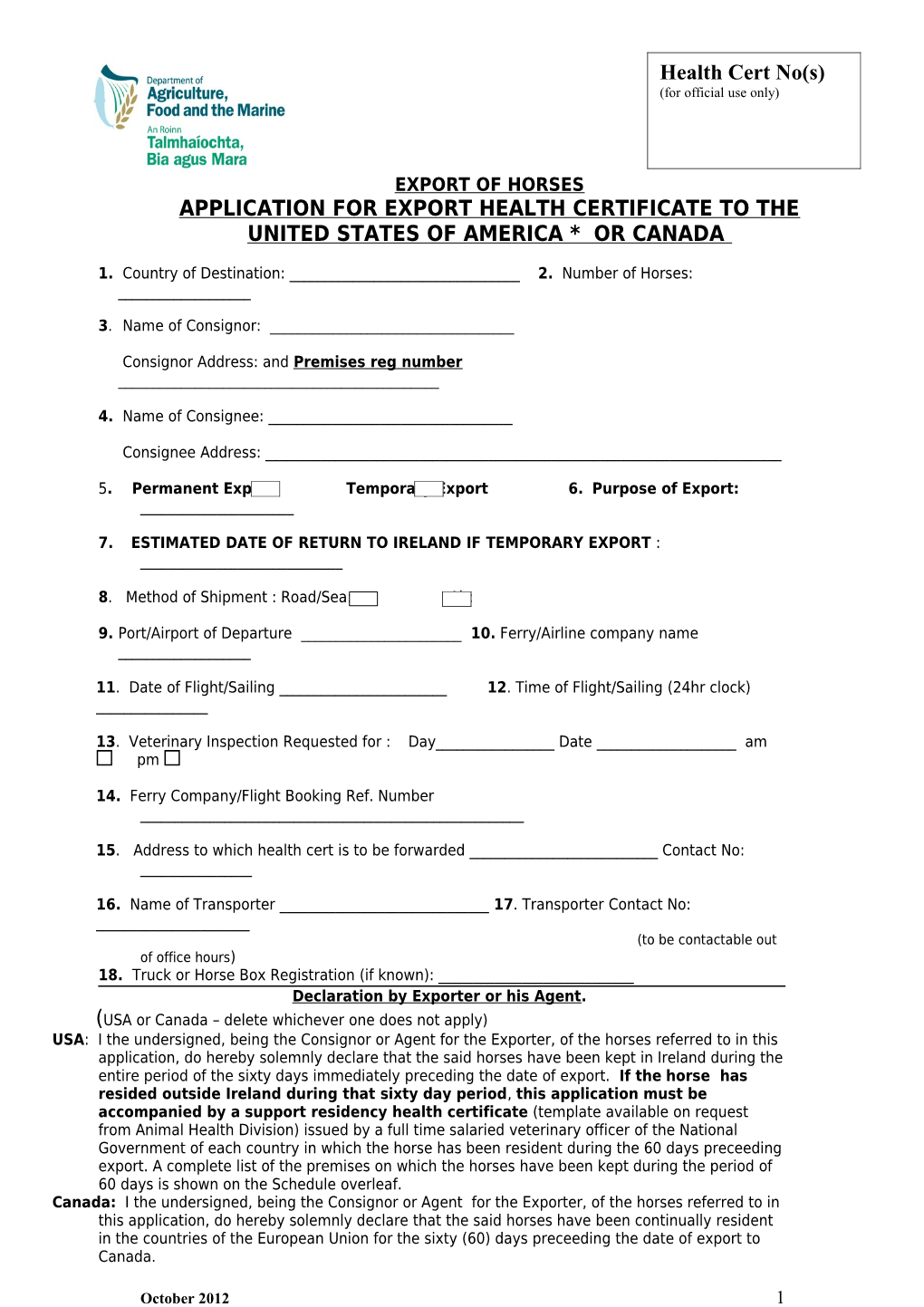 Application for Export Health Certificate