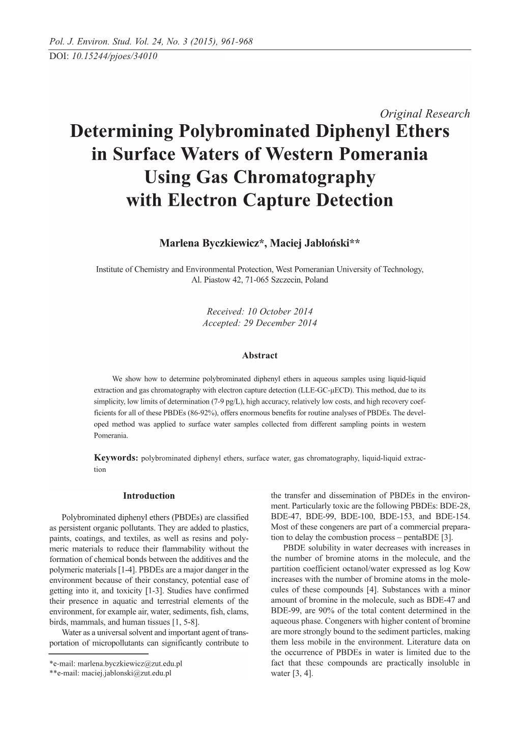Determining Polybrominated Diphenyl Ethers in Surface Waters of Western Pomerania Using Gas Chromatography with Electron Capture Detection
