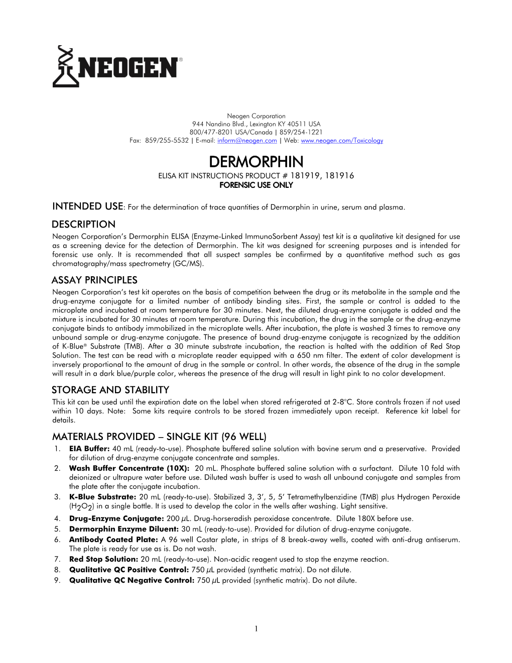 Dermorphin Elisa Kit Instructions Product # 181919, 181916 Forensic Use Only