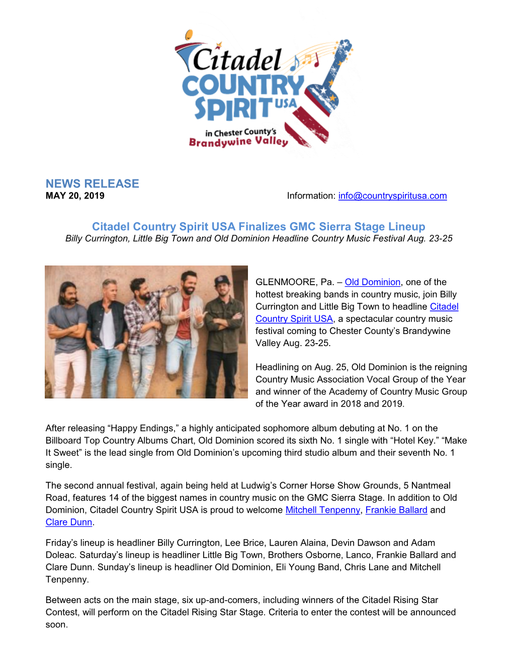 NEWS RELEASE MAY 20, 2019 Information: Info@Countryspiritusa.Com