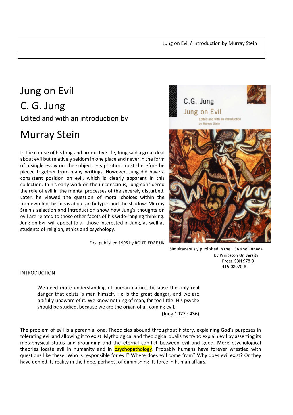 Jung on Evil / Introduction by Murray Stein