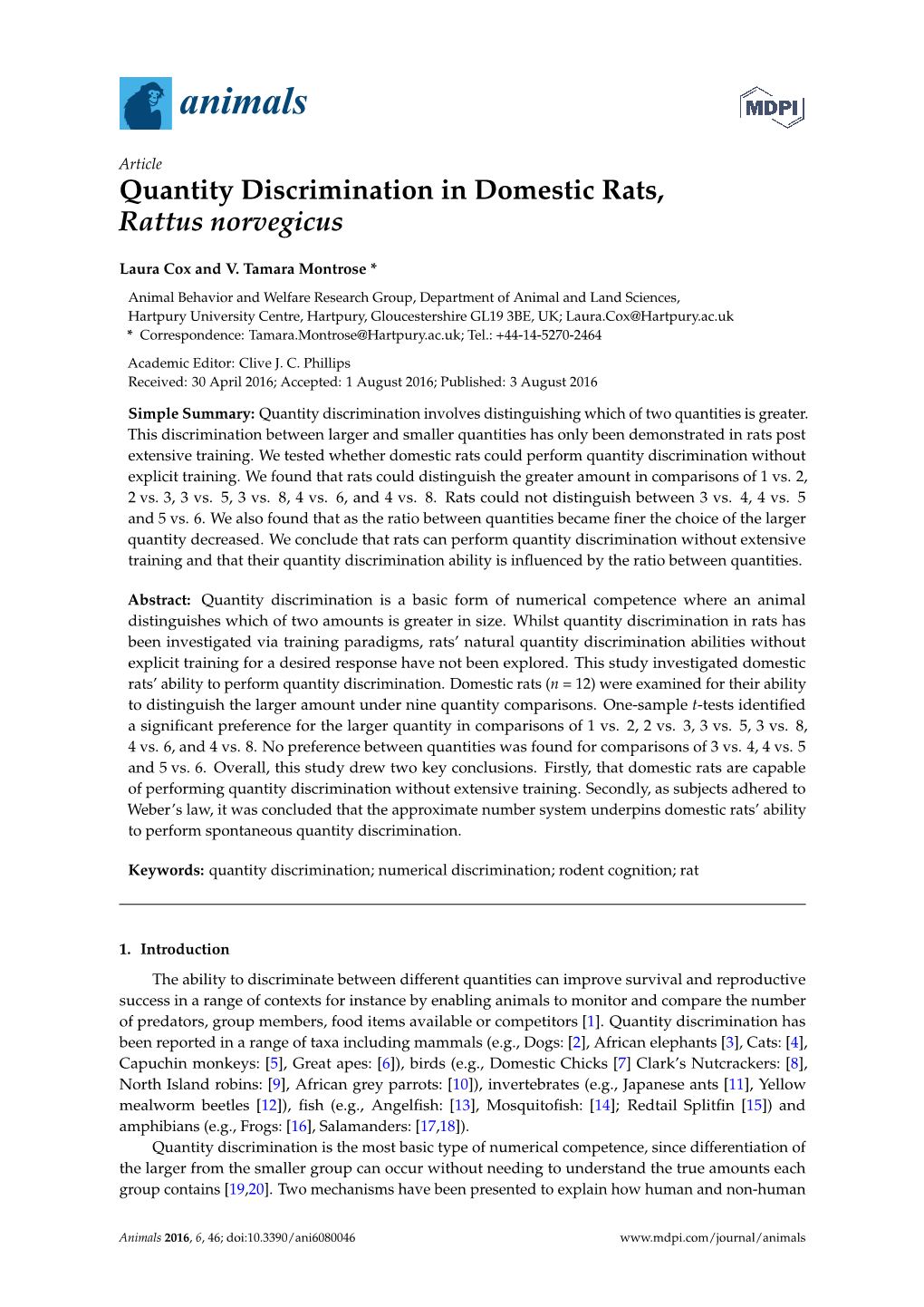 Quantity Discrimination in Domestic Rats, Rattus Norvegicus