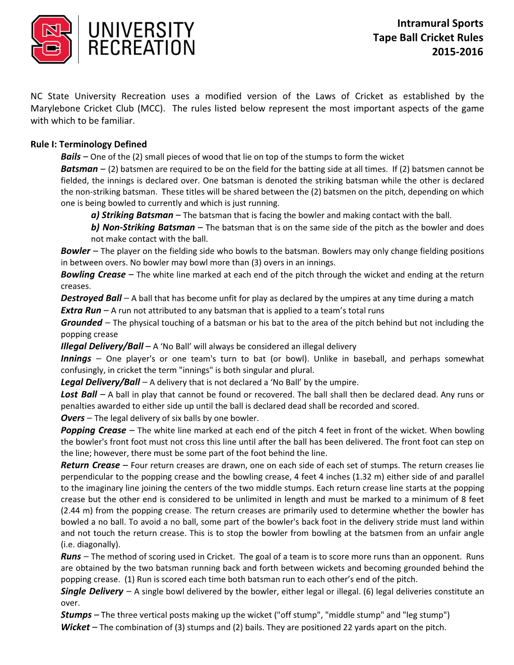 Intramural Sports Tape Ball Cricket Rules 2015-2016