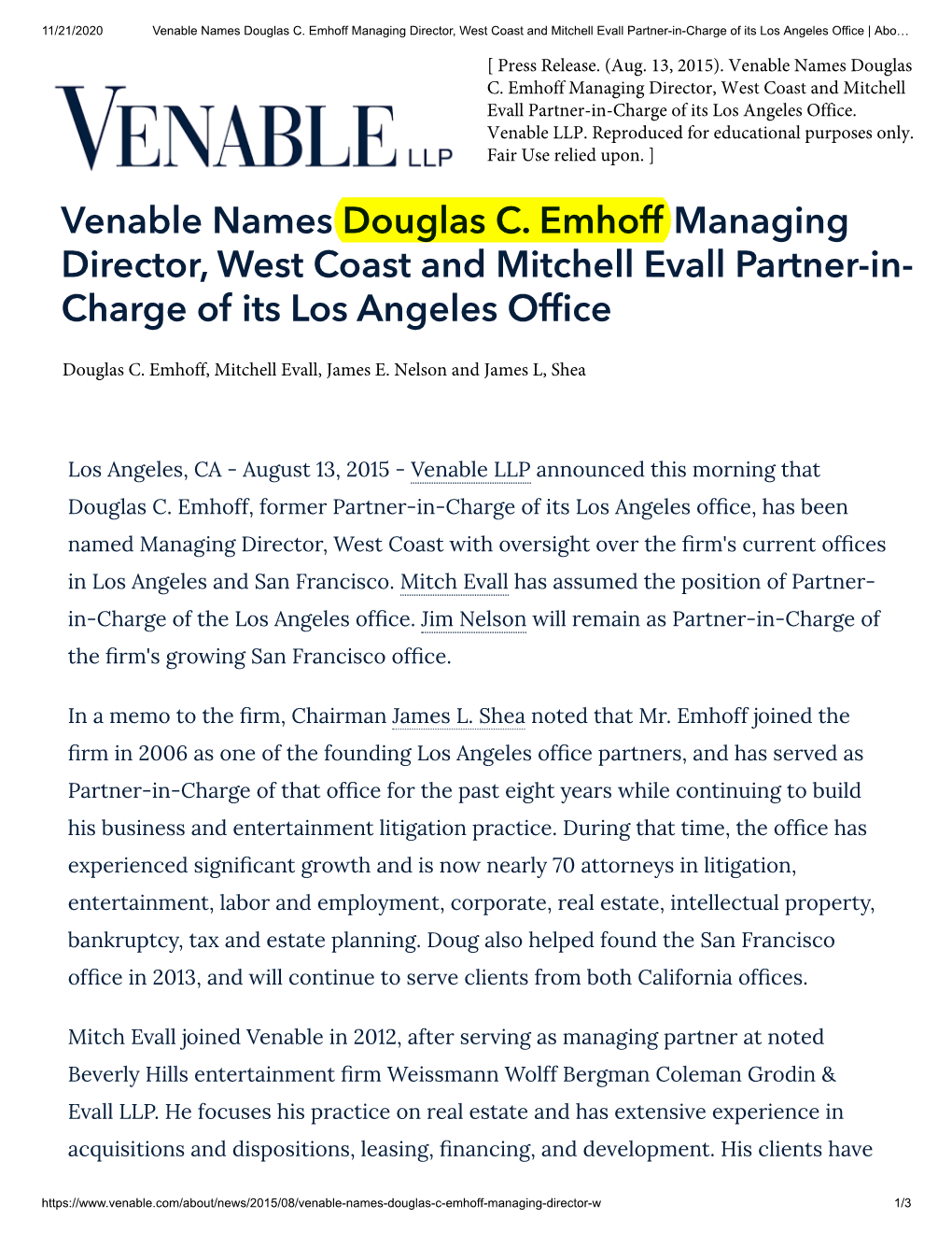 Venable Names Douglas C. Emhoff Managing Director, West Coast and Mitchell Evall Partner-In-Charge of Its Los Angeles Office | Abo…