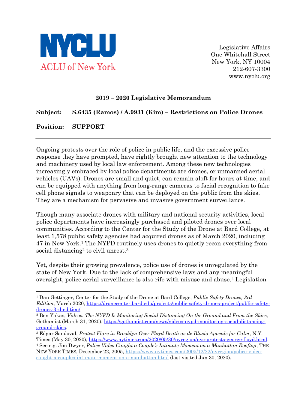 Legislative Affairs One Whitehall Street New York, NY 10004 212-607-3300 2019 – 2020 Legislative Memorandum Subj