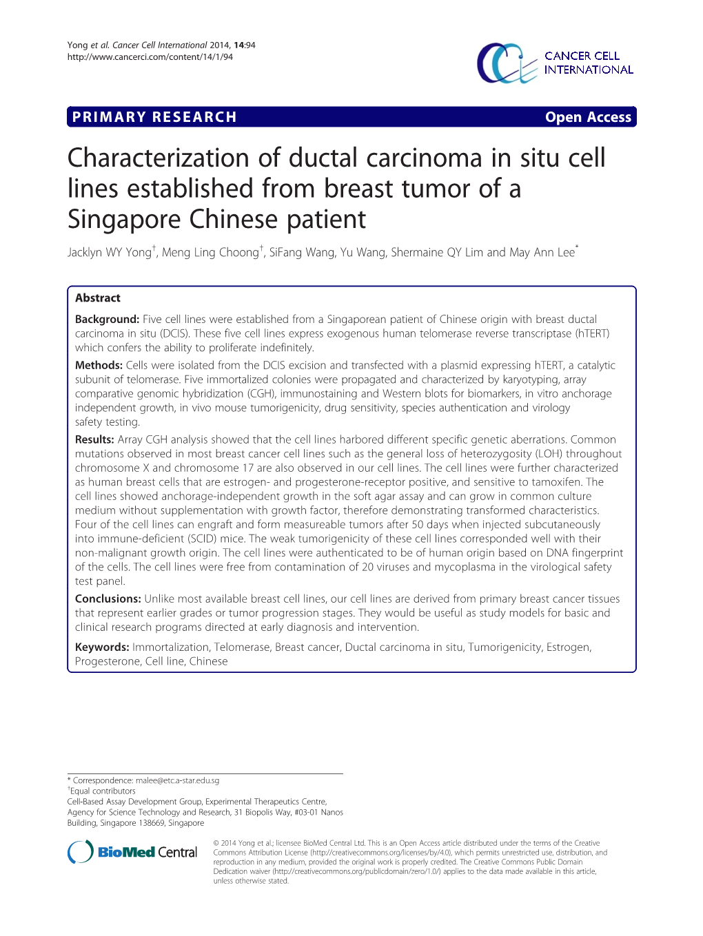 Characterization of Ductal Carcinoma in Situ Cell Lines Established From