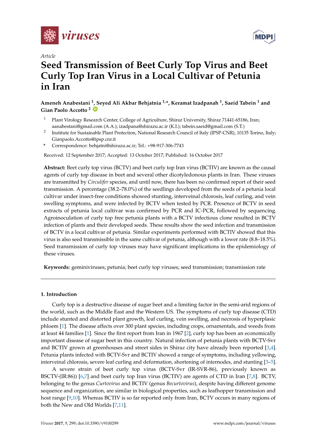 Seed Transmission of Beet Curly Top Virus and Beet Curly Top Iran Virus in a Local Cultivar of Petunia in Iran