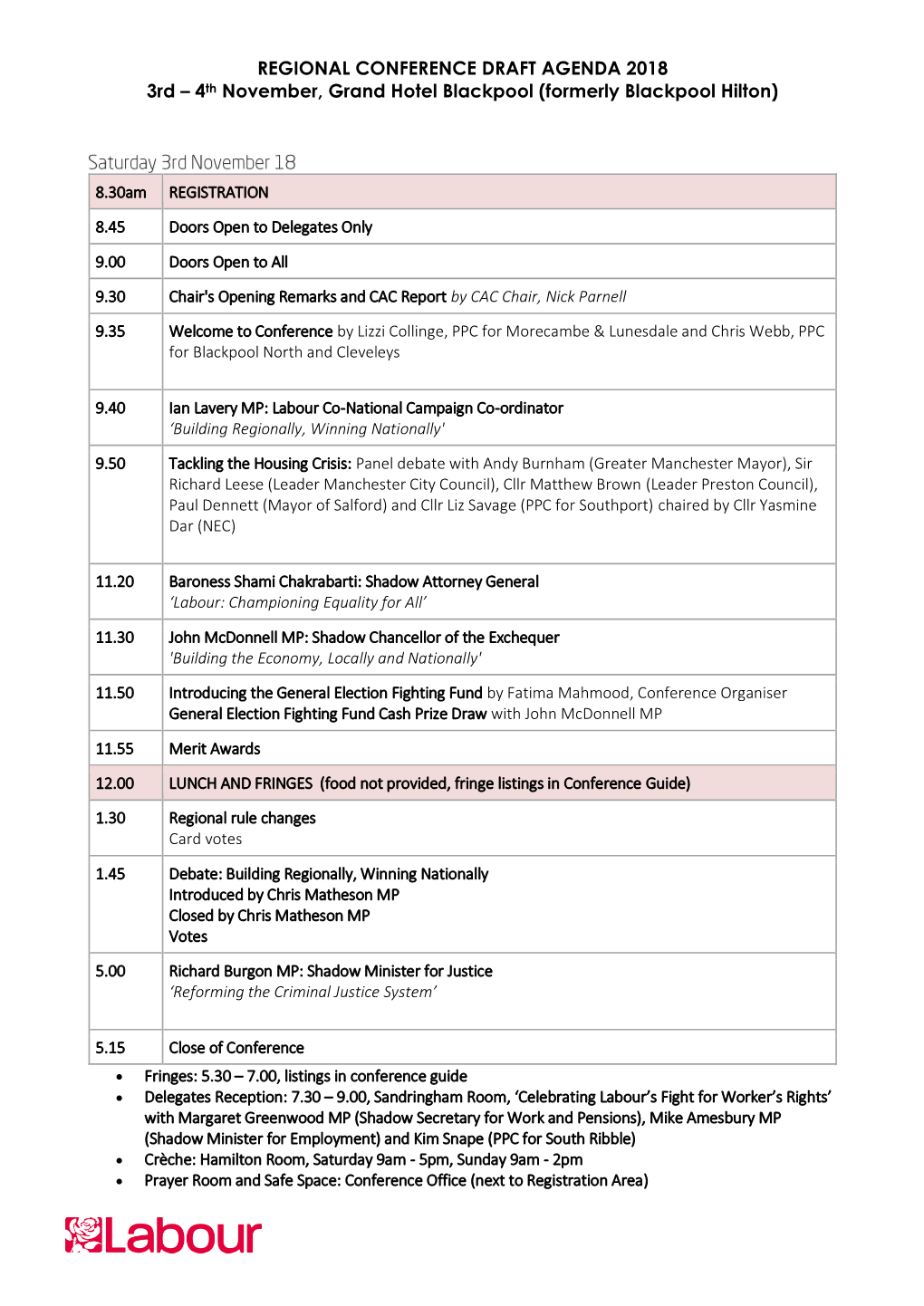 REGIONAL CONFERENCE DRAFT AGENDA 2018 3Rd – 4Th November, Grand Hotel Blackpool (Formerly Blackpool Hilton)