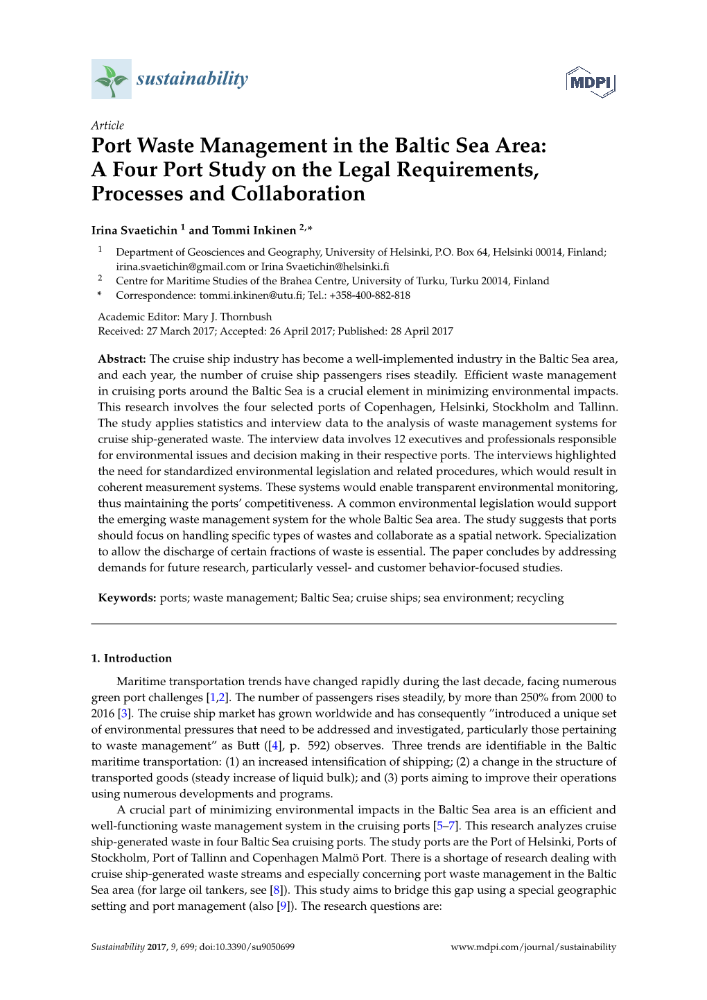 Port Waste Management in the Baltic Sea Area: a Four Port Study on the Legal Requirements, Processes and Collaboration