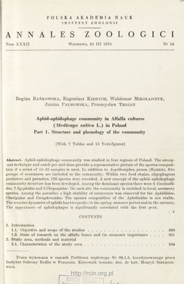 Aphid-Aphidophage Community in Alfalfa Cultures (Medicago Sativa L.) in Poland Part 1