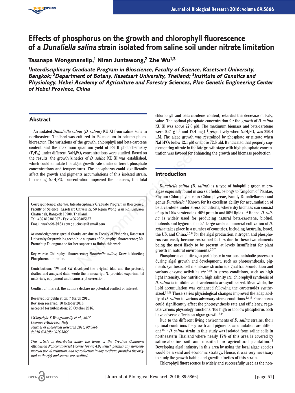 Effects of Phosphorus on the Growth and Chlorophyll Fluorescence of A