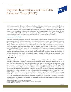 Important Information About Real Estate Investment Trusts (Reits) Continued