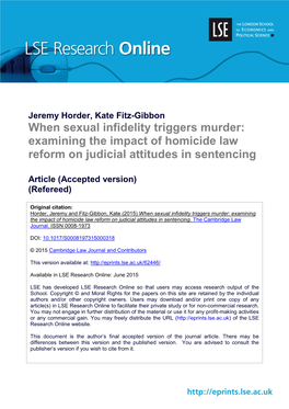 When Sexual Infidelity Triggers Murder: Examining the Impact of Homicide Law Reform on Judicial Attitudes in Sentencing