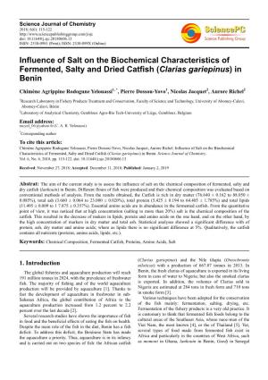 Influence of Salt on the Biochemical Characteristics of Fermented, Salty and Dried Catfish (Clarias Gariepinus ) in Benin