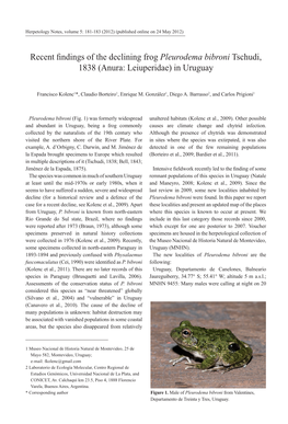 Recent Findings of the Declining Frog Pleurodema Bibroni Tschudi, 1838