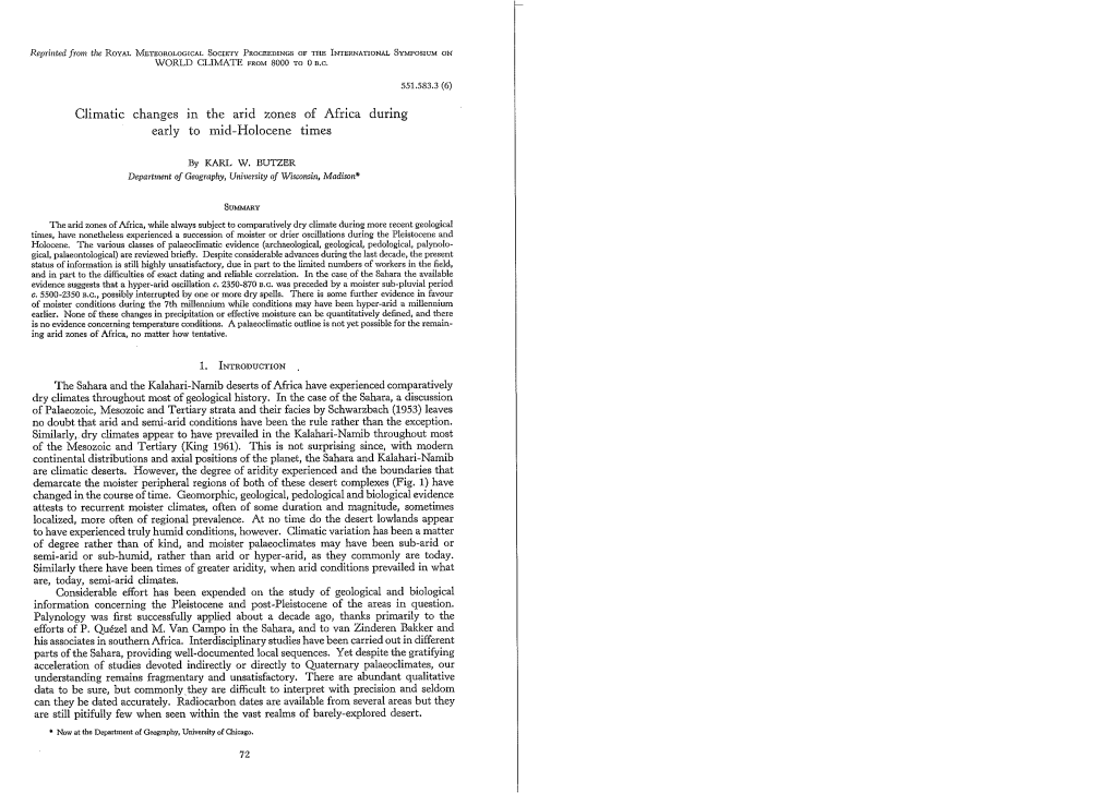 Climatic Changes M the Arid Zones of Africa During Early to Mid-Holocene Times