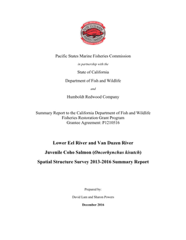 Lower Eel River and Van Duzen River Juvenile Coho Salmon (Oncorhynchus Kisutch) Spatial Structure Survey 2013-2016 Summary Report