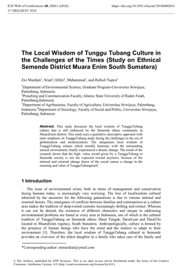 The Local Wisdom of Tunggu Tubang Culture in the Challenges of the Times (Study on Ethnical Semende District Muara Enim South Sumatera)