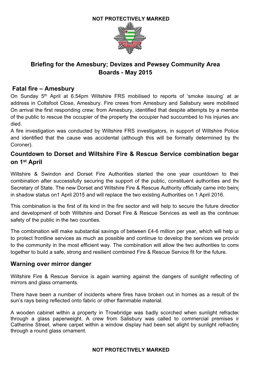 Briefing for the Amesbury; Devizes and Pewsey Community Area Boards - May 2015