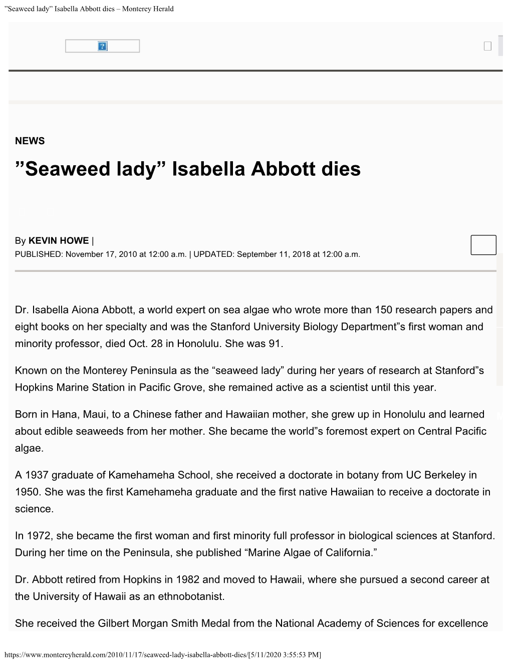 ”Seaweed Lady” Isabella Abbott Dies – Monterey Herald