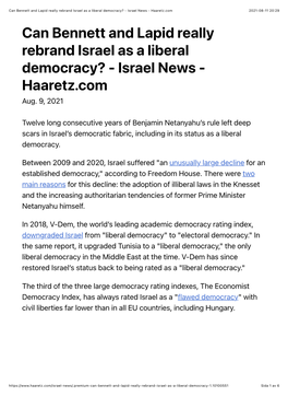 Israel News - Haaretz.Com 2021-08-11 20:29 Can Bennett and Lapid Really Rebrand Israel As a Liberal Democracy? - Israel News - Haaretz.Com Aug