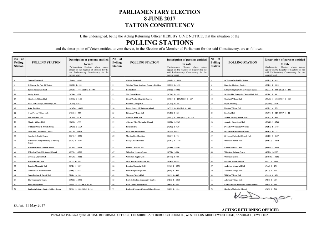 POLLING STATIONS and the Description of Voters Entitled to Vote Thereat, in the Election of a Member of Parliament for the Said Constituency, Are As Follows