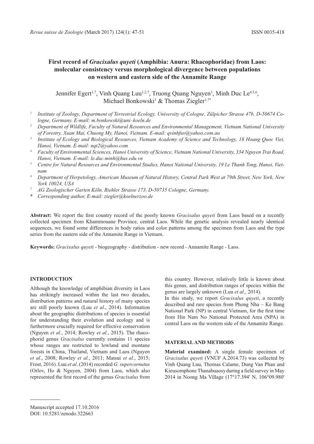 Amphibia: Anura: Rhacophoridae) from Laos: Molecular Consistency Versus Morphological Divergence Between Populations on Western and Eastern Side of the Annamite Range