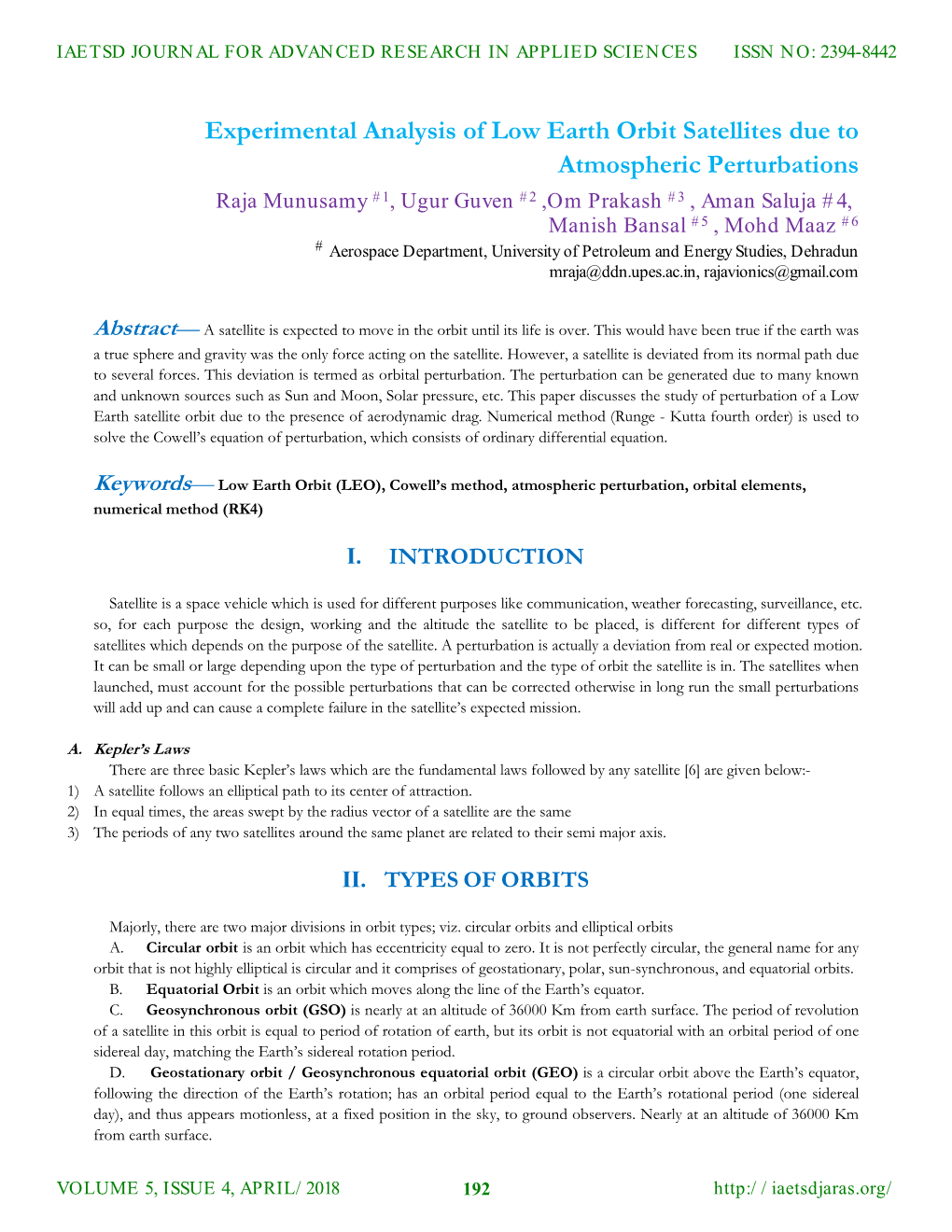 Experimental Analysis of Low Earth Orbit Satellites Due to Atmospheric Perturbations