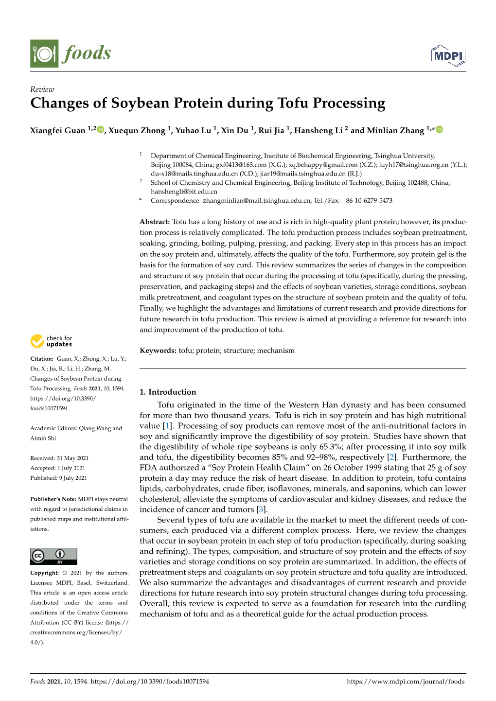 Changes of Soybean Protein During Tofu Processing