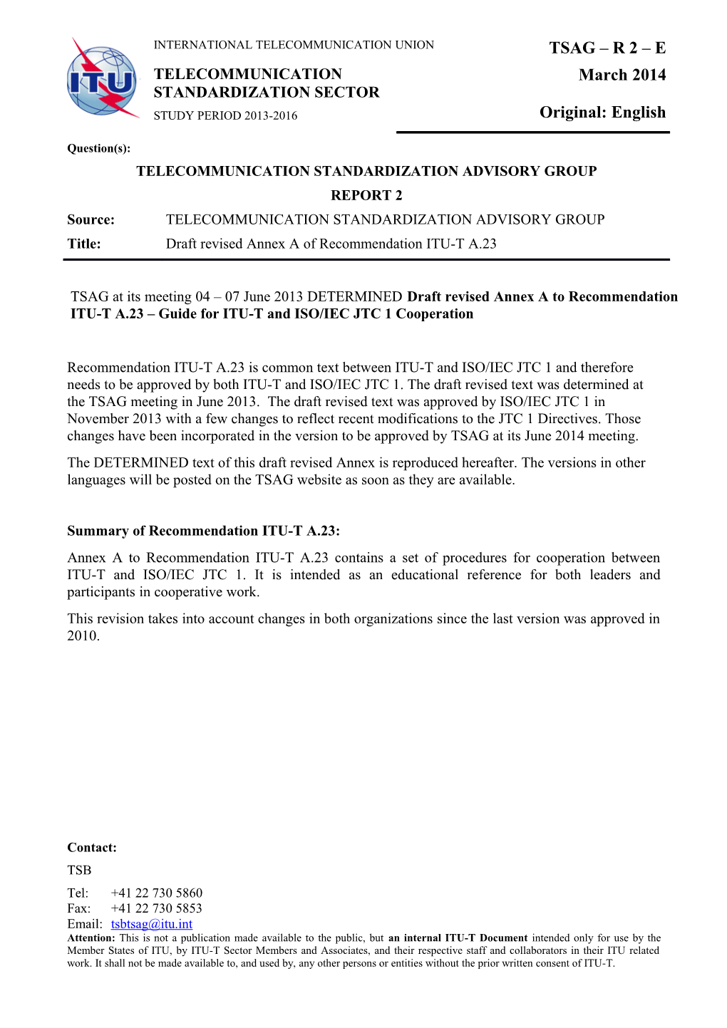 Summary of Recommendation ITU-T A.23