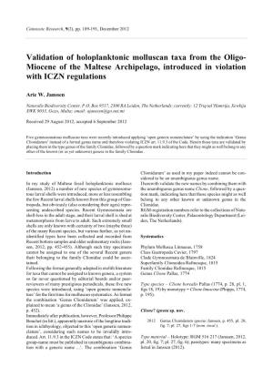 Validation of Holoplanktonic Molluscan Taxa from the Oligo- Miocene of the Maltese Archipelago, Introduced in Violation with ICZN Regulations