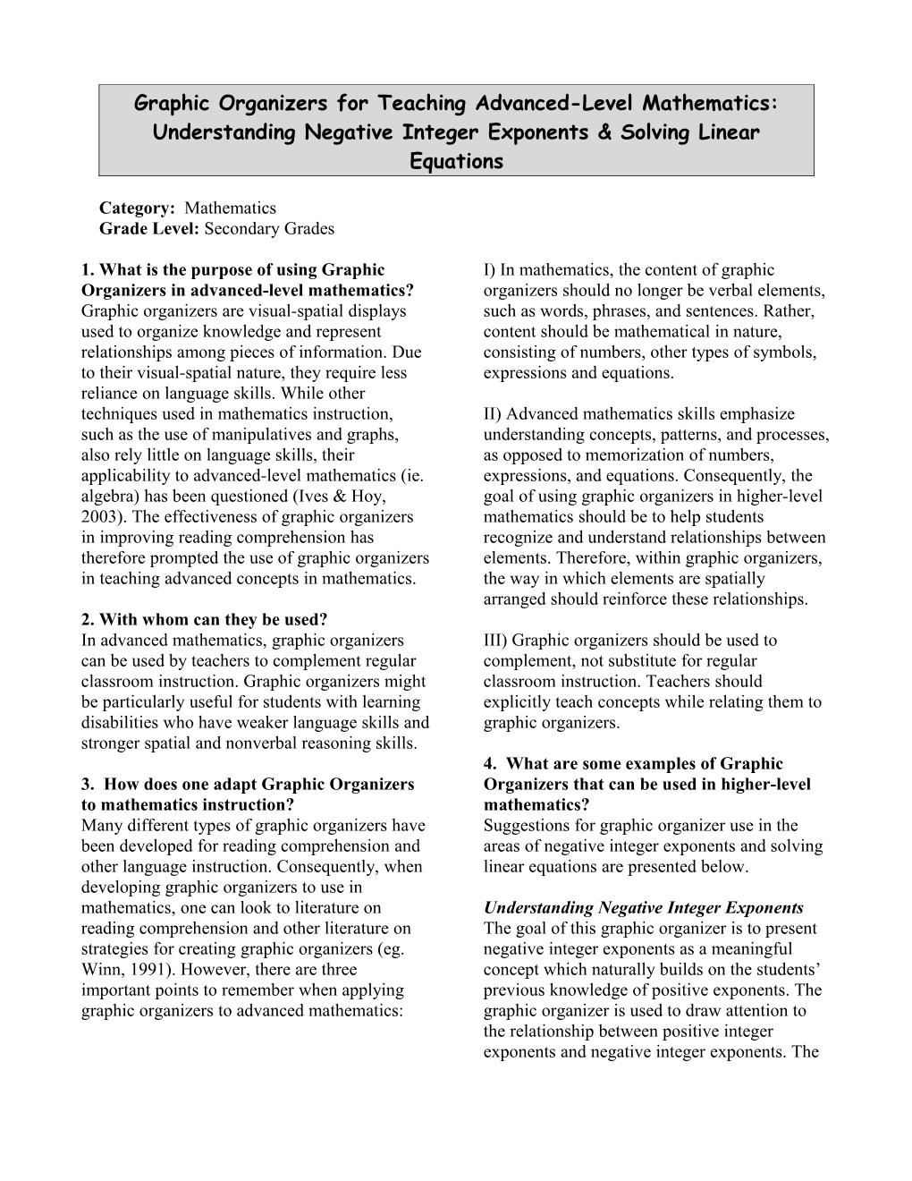 Graphic Organizers for Teaching Advanced-Level Mathematics: Understanding Negative Integer