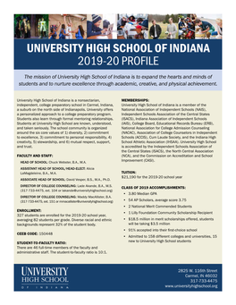 University High School of Indiana 2019-20 Profile