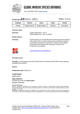 FULL ACCOUNT FOR: Cuphea Ignea Global Invasive Species Database (GISD) 2021. Species Profile Cuphea Ignea. Available From: Http