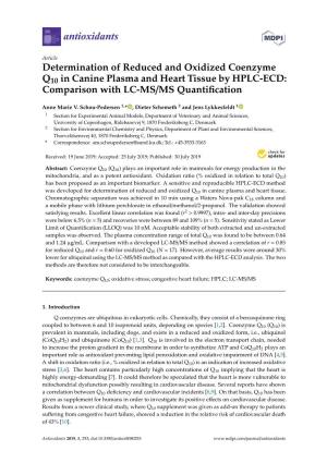 Determination of Reduced and Oxidized Coenzyme Q10 in Canine Plasma and Heart Tissue by HPLC-ECD: Comparison with LC-MS/MS Quantiﬁcation